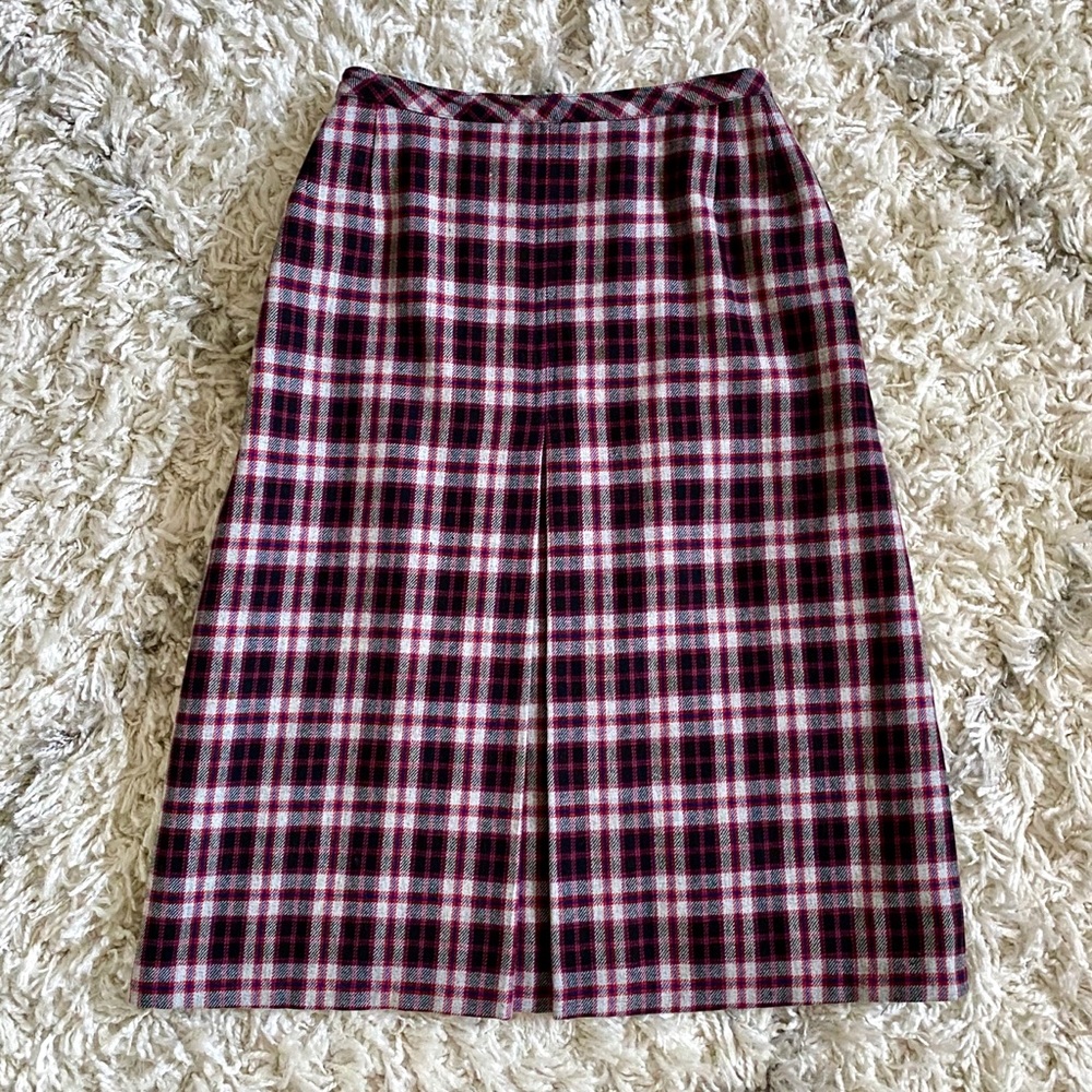 Vintage Plaid Midi Skirt in Burgundy, Black and White
